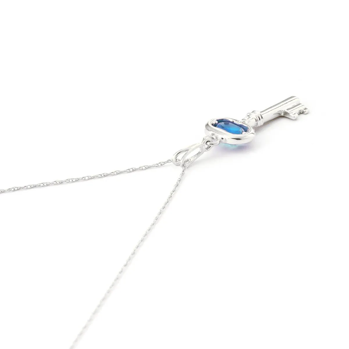 0.5 Carat 14K Solid White Gold Key Charm Necklace Blue Topaz