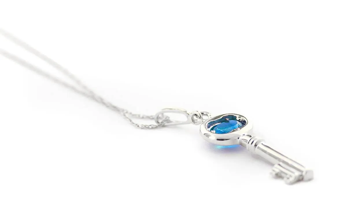 0.5 Carat 14K Solid White Gold Key Charm Necklace Blue Topaz