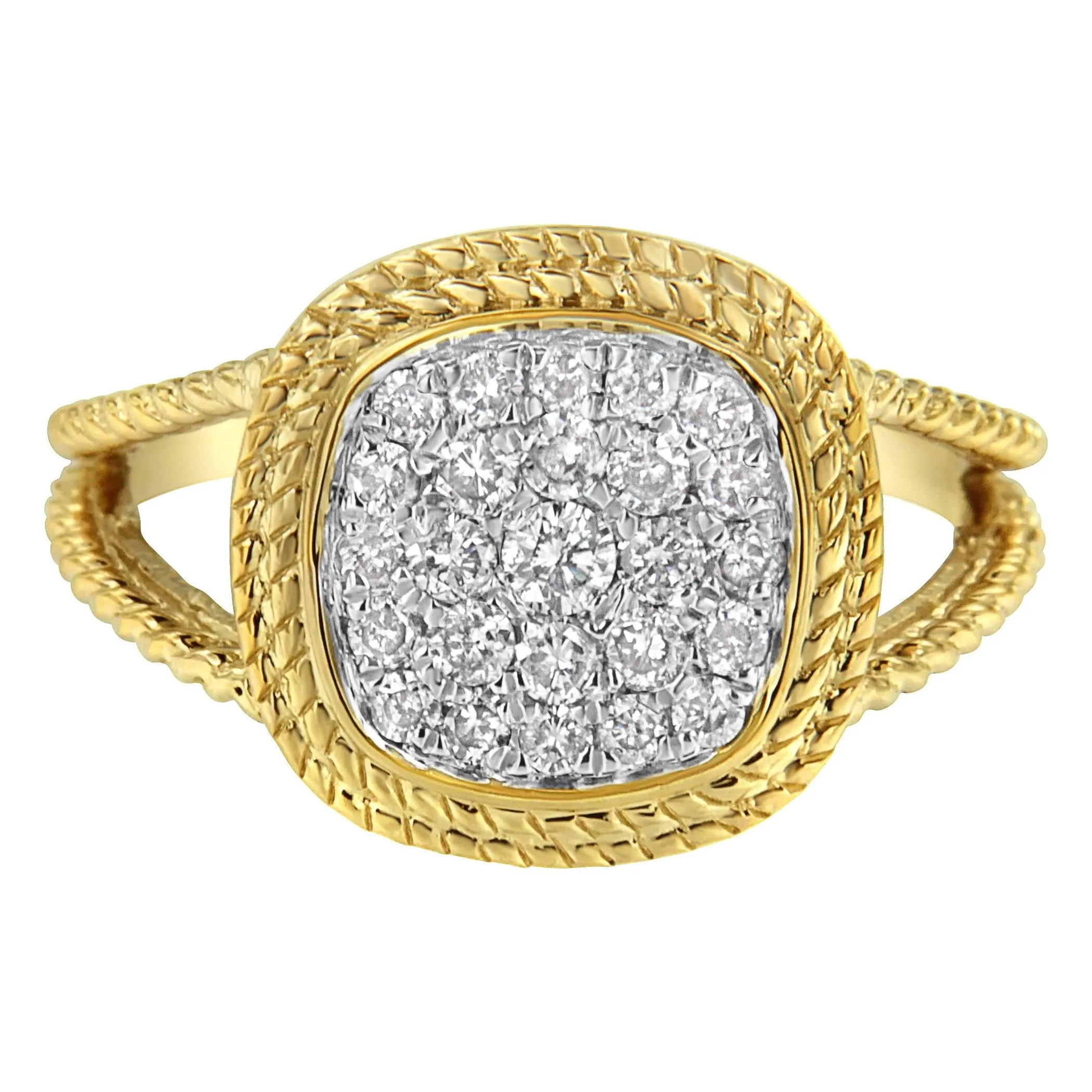 10K Yellow Gold Plated .925 Sterling Silver 1/2 Cttw Diamond Square Cushion Cluster Split Shank Cocktail Ring (J-K Color, I2-I3 Clarity)