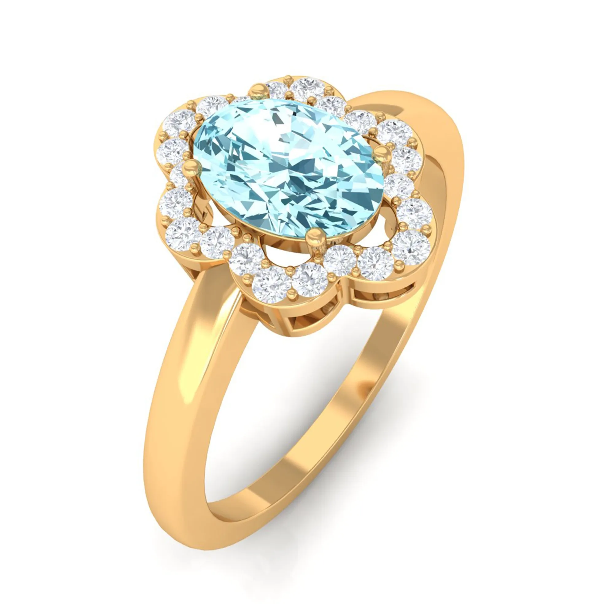 1.25 CT Oval Aquamarine Cocktail Engagement Ring with Diamond Floral Halo