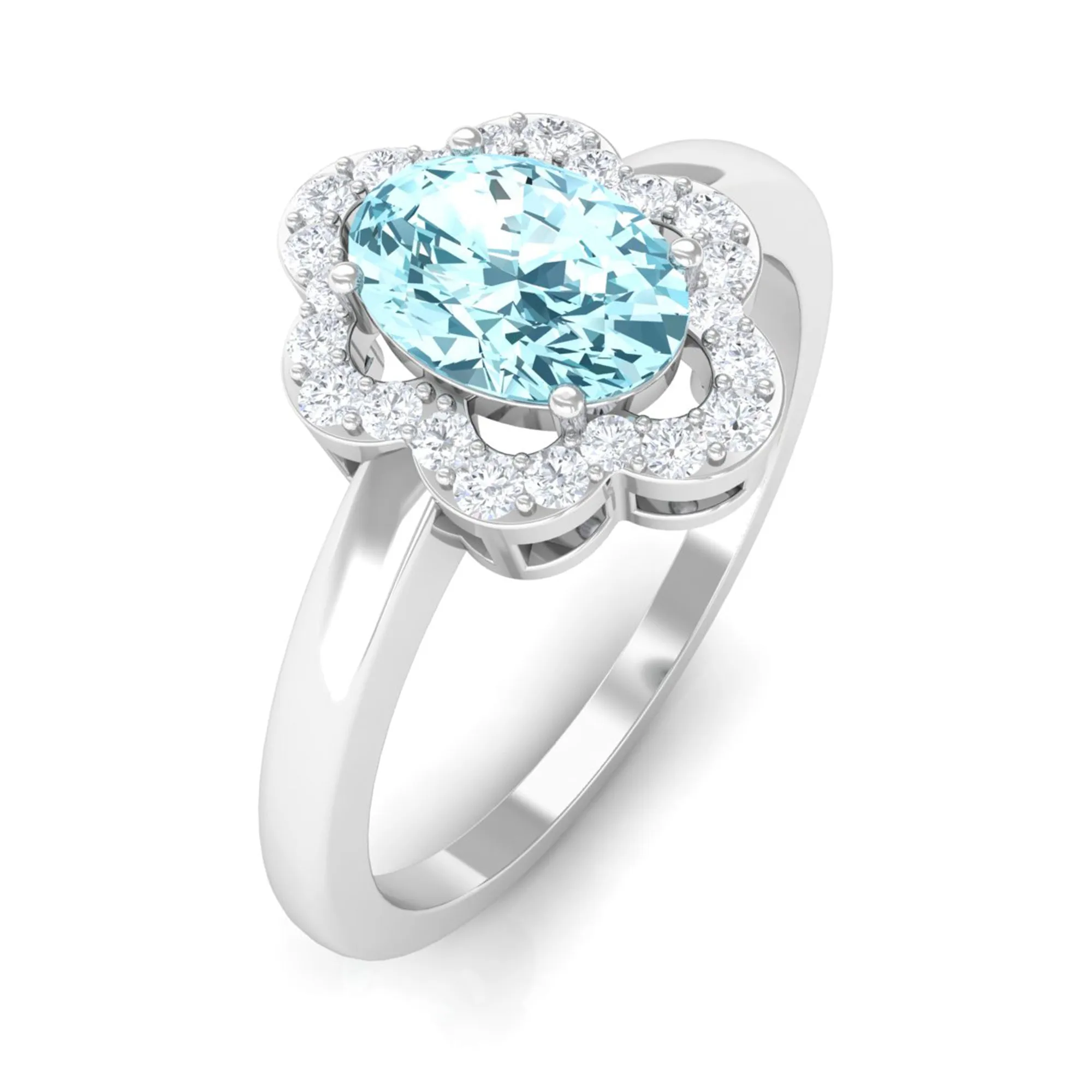 1.25 CT Oval Aquamarine Cocktail Engagement Ring with Diamond Floral Halo