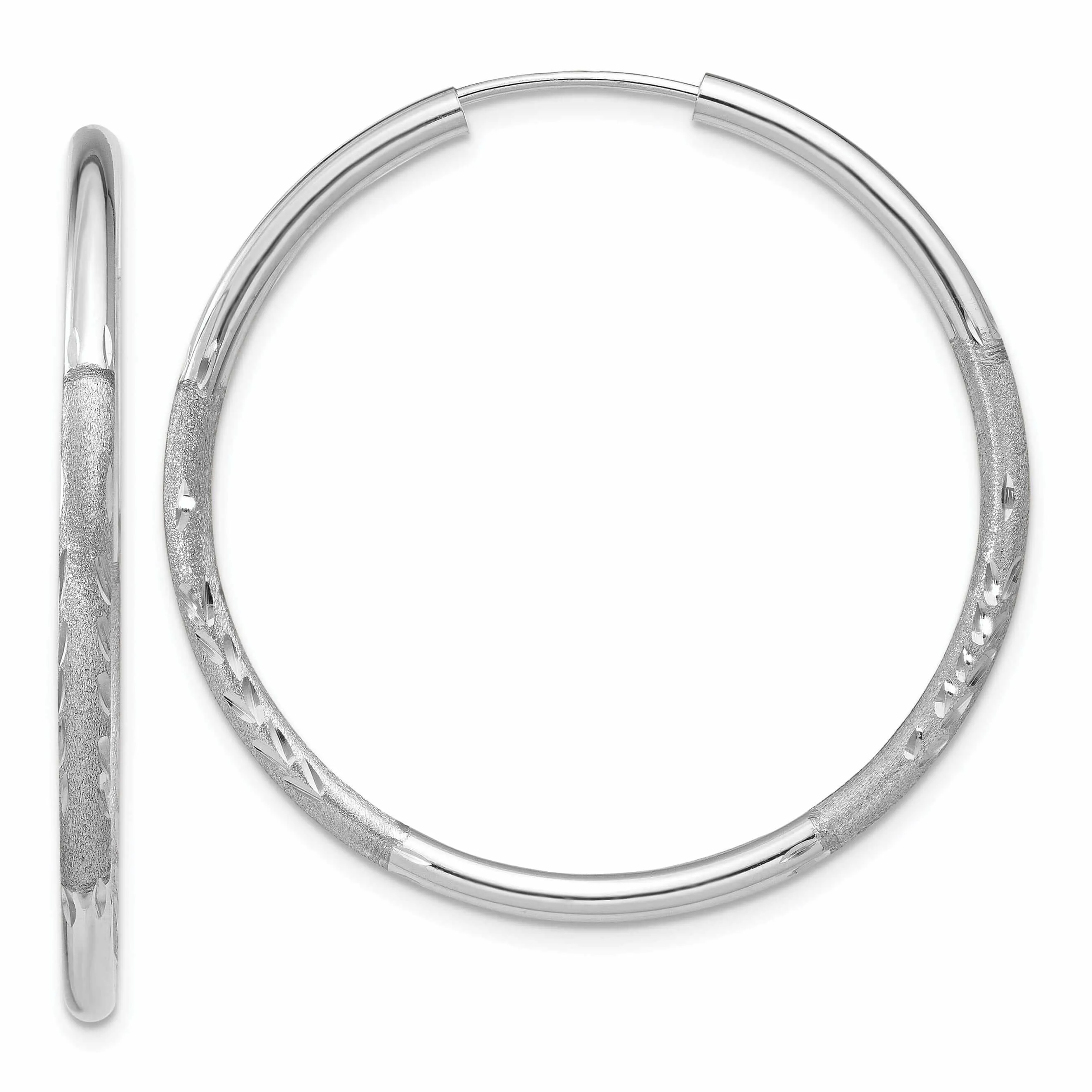 14 White Gold Diamond Cut Endless Hoop Earrings 2mm x 30mm