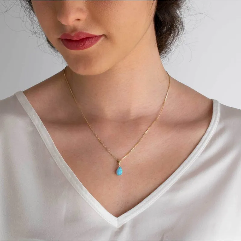 14K Gold Blue Opal Pendant - Libra Birthstone, Elegant Gift for Women