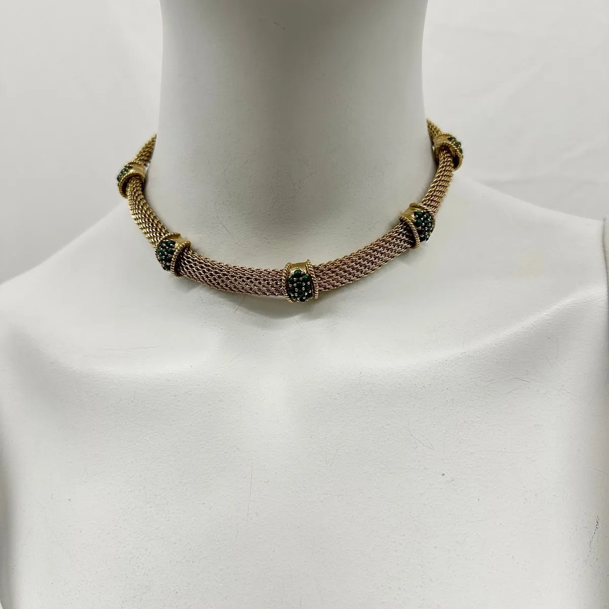 14K Gold Choker Necklace with 5 Green Turquoise Bead Stations