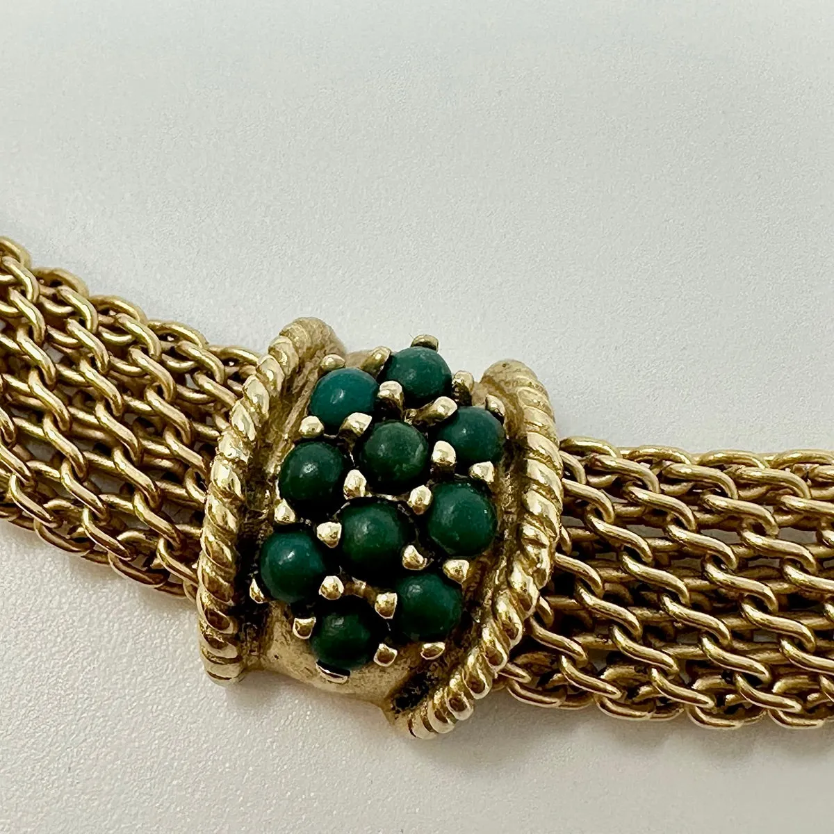 14K Gold Choker Necklace with 5 Green Turquoise Bead Stations