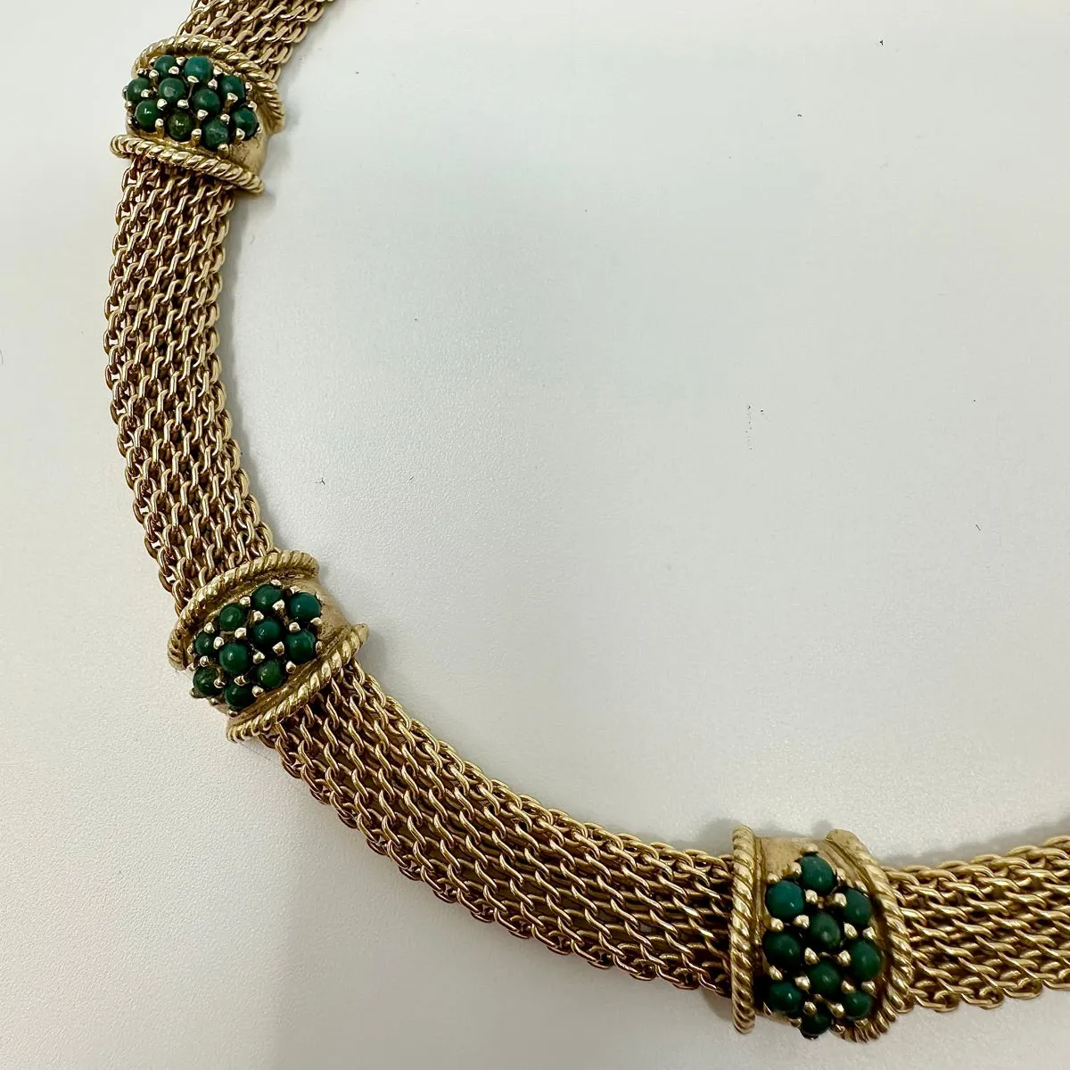 14K Gold Choker Necklace with 5 Green Turquoise Bead Stations