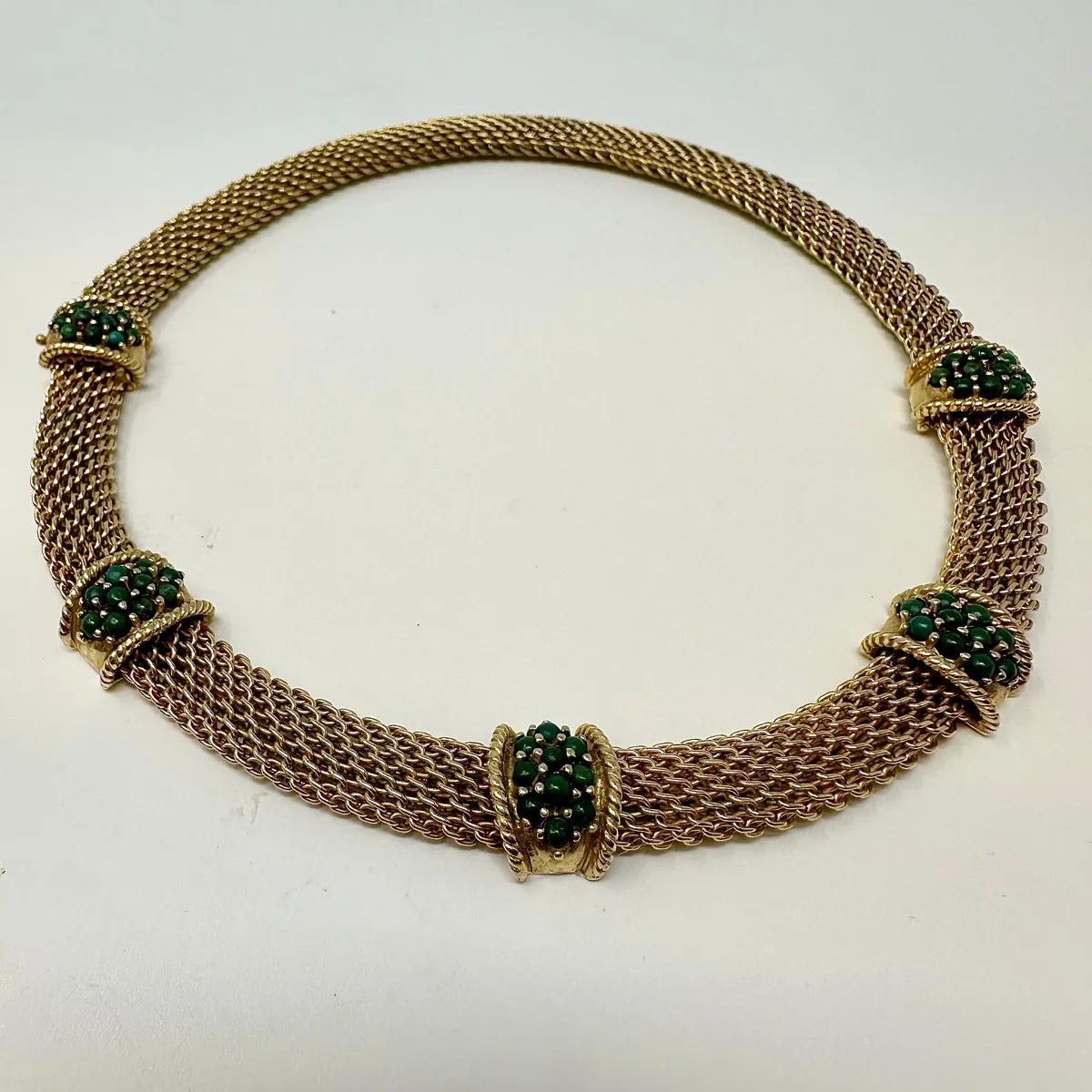 14K Gold Choker Necklace with 5 Green Turquoise Bead Stations