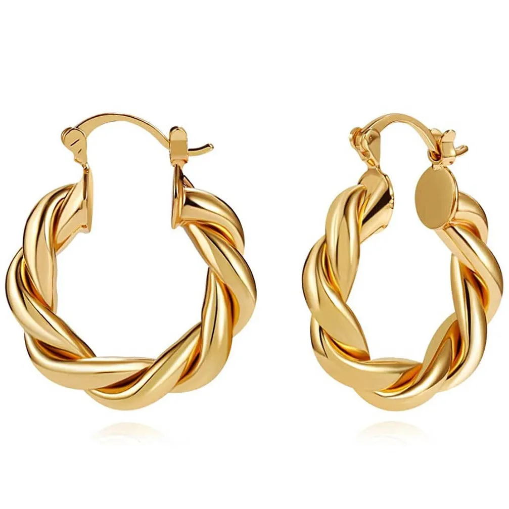 14K Gold Plated Twisted Gold Chunky Hoop Earrings