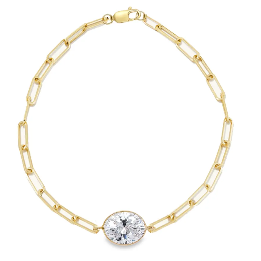 14K Gold White Topaz Oval Gemstone Paper Clip Bracelet