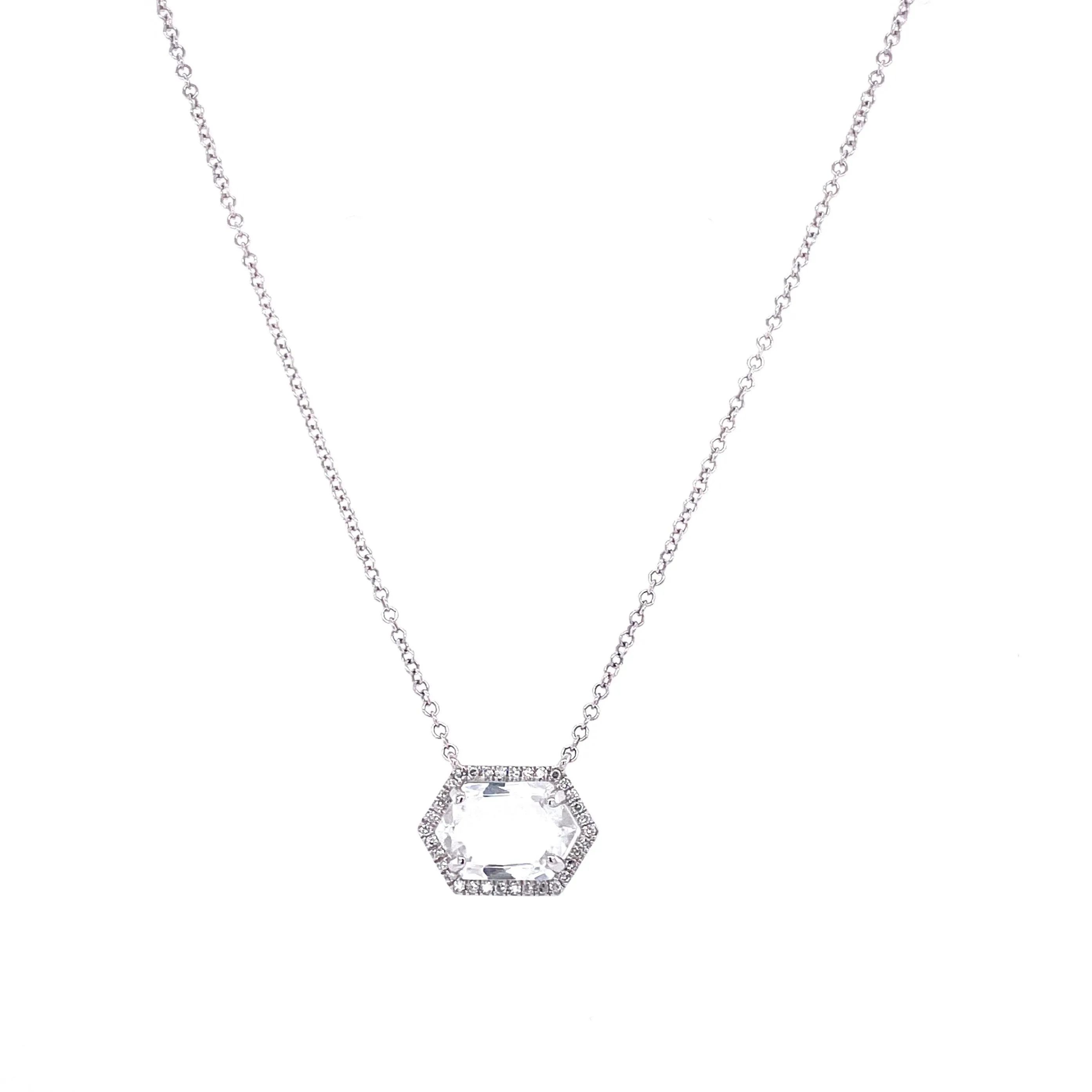 14K Rose Gold Diamond   White Topaz Hexagon Necklace