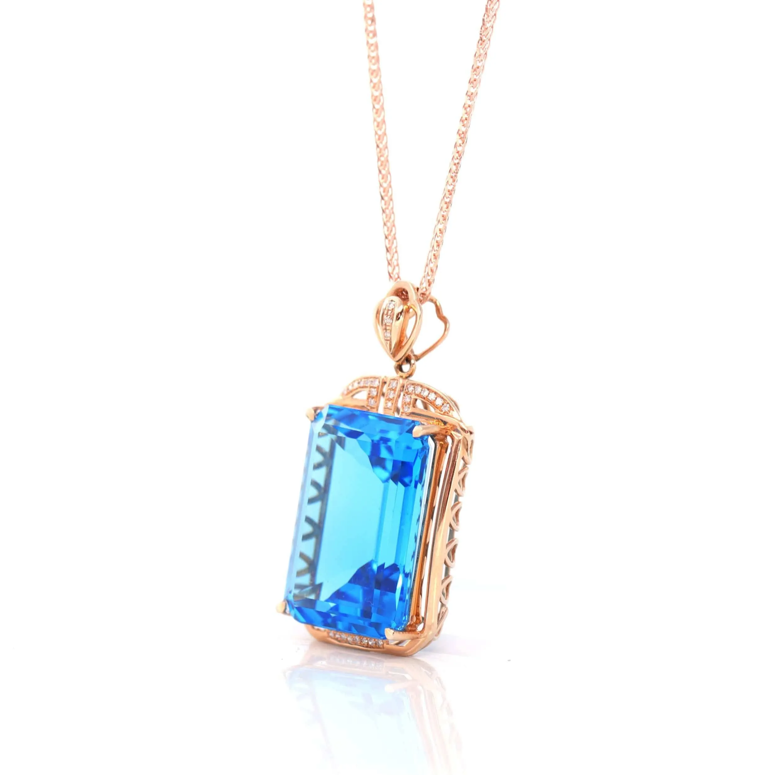 14k Rose Gold London Blue Topaz Faceted Emerald Cut Prong Set Necklace With Diamonds