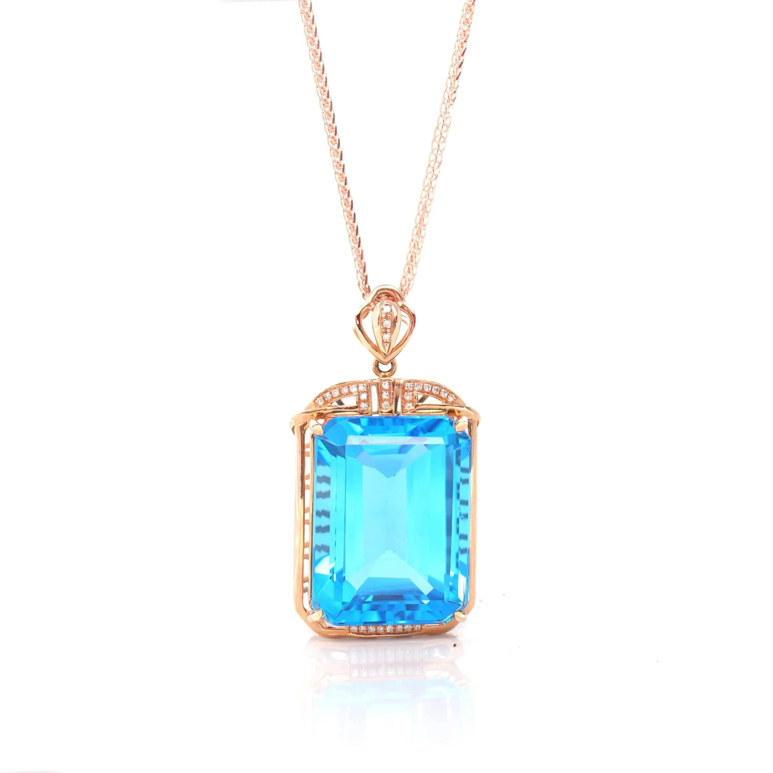 14k Rose Gold London Blue Topaz Faceted Emerald Cut Prong Set Necklace With Diamonds