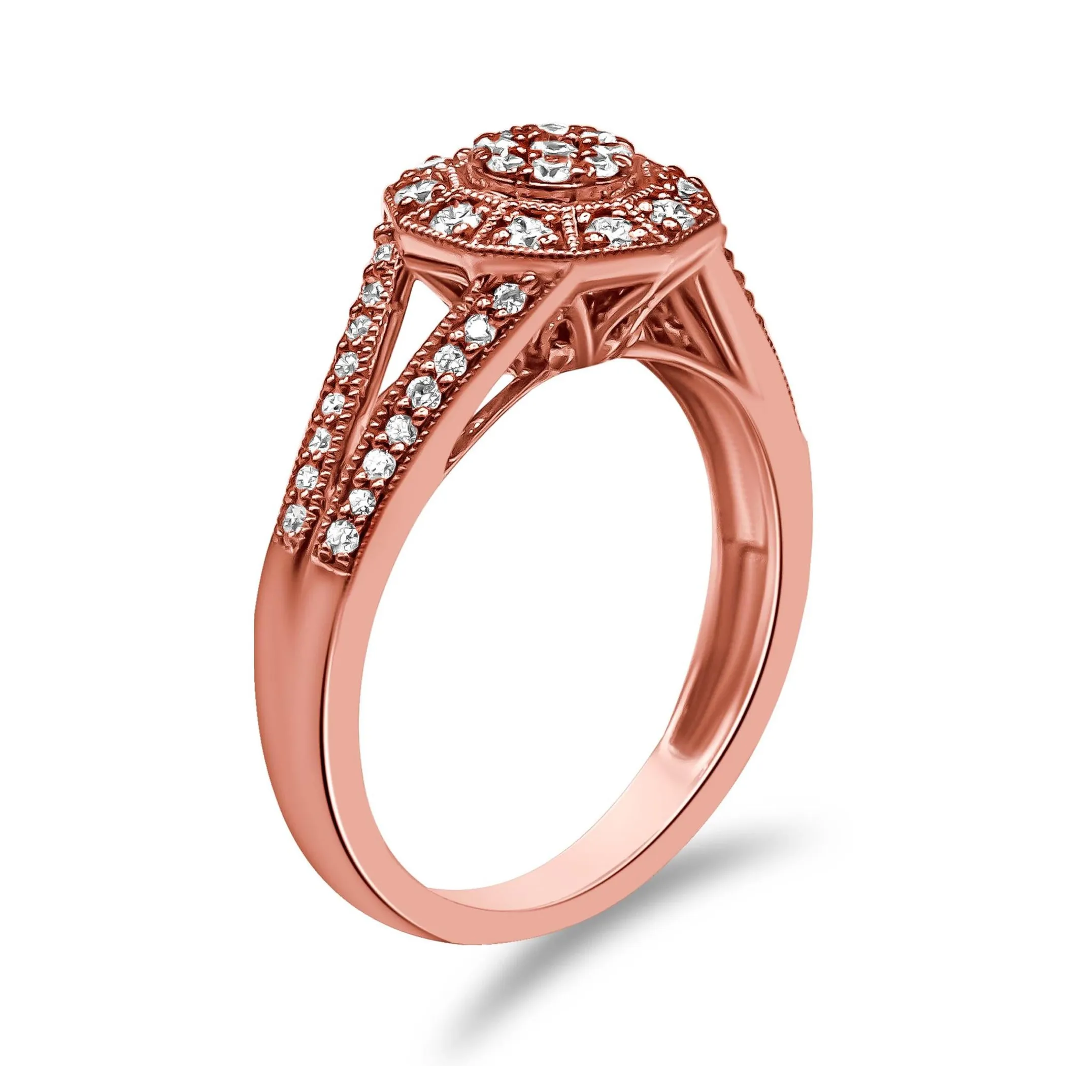 14K Rose Gold Plated .925 Sterling Silver 1/2 Cttw Pave Diamond Halo Cluster Split Shank Cocktail Ring (I-J Color, I1-I2 Clarity)