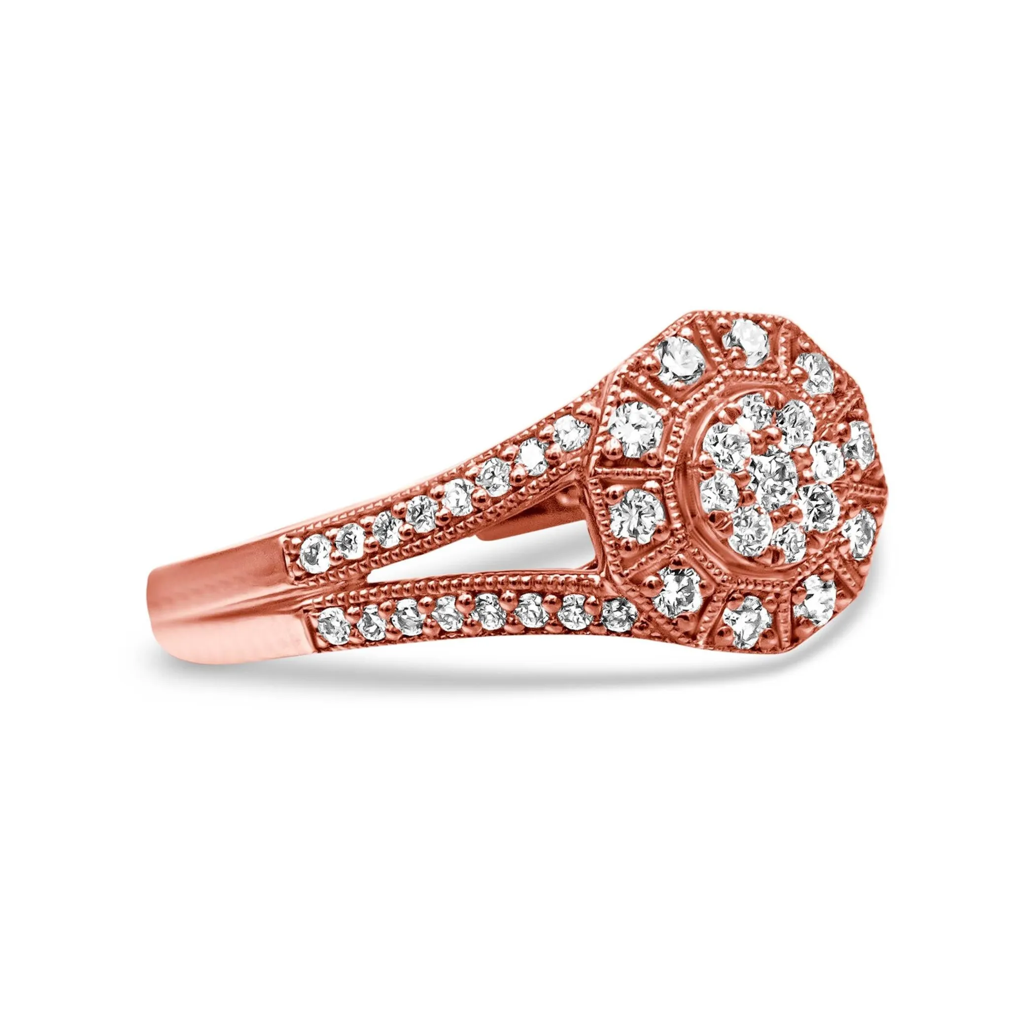 14K Rose Gold Plated .925 Sterling Silver 1/2 Cttw Pave Diamond Halo Cluster Split Shank Cocktail Ring (I-J Color, I1-I2 Clarity)