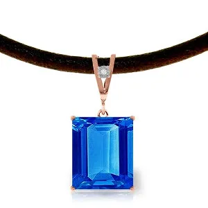 14K Solid Rose Gold & Leather Diamond/Blue Topaz Square Cut Necklace