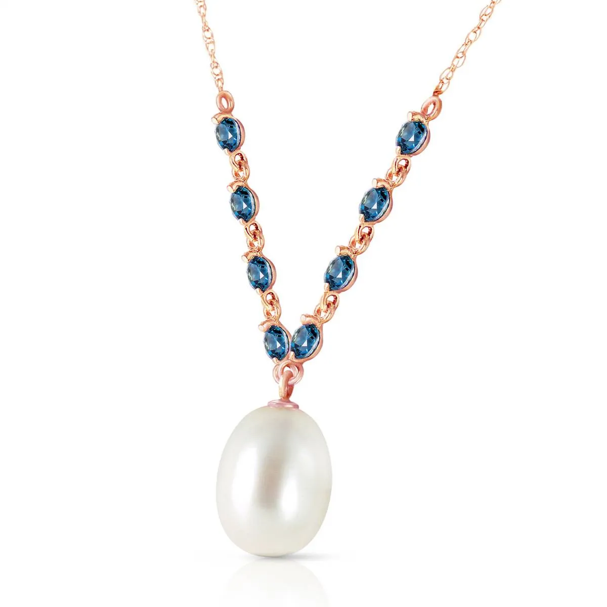 14K Solid Rose Gold Natural Blue Topaz & Pearl Necklace Gemstone