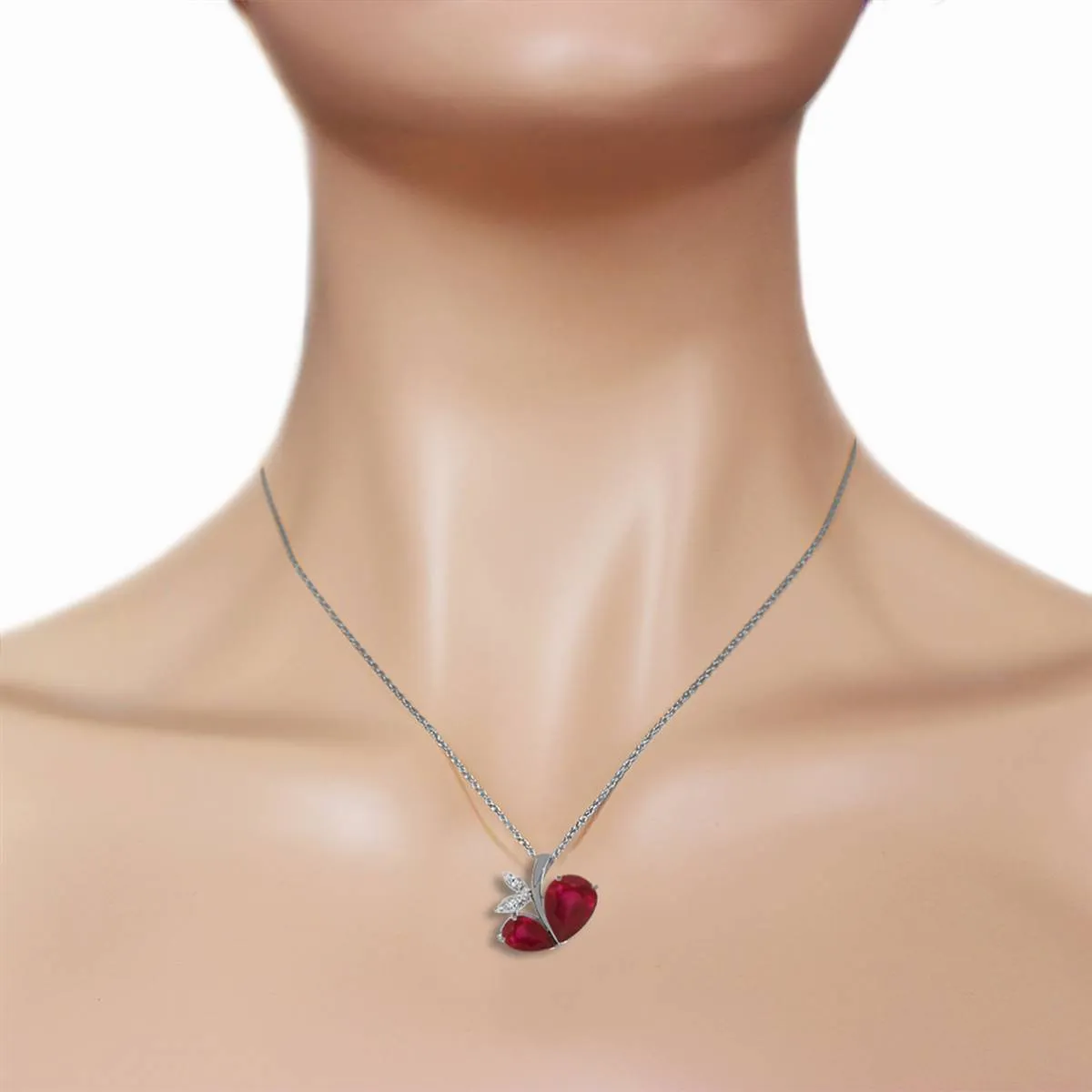 14K Solid White Gold Modern Heart Necklace w/ Natural Diamond & Rubies