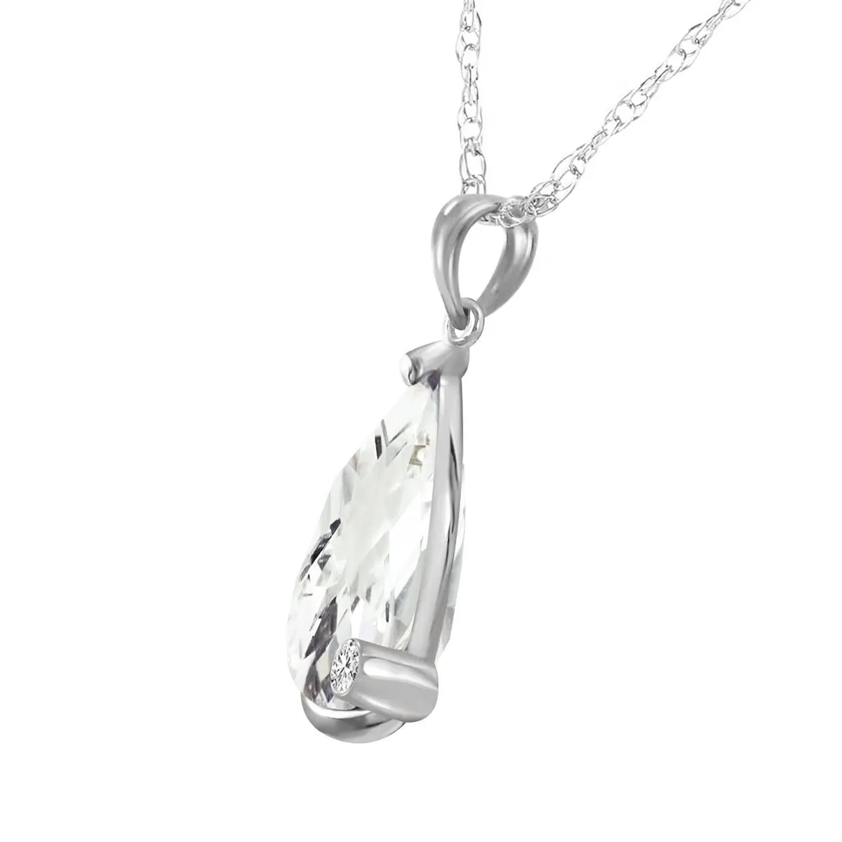 14K Solid White Gold Necklace w/ Briolette Checkerboard Cut White Topaz & Diamond