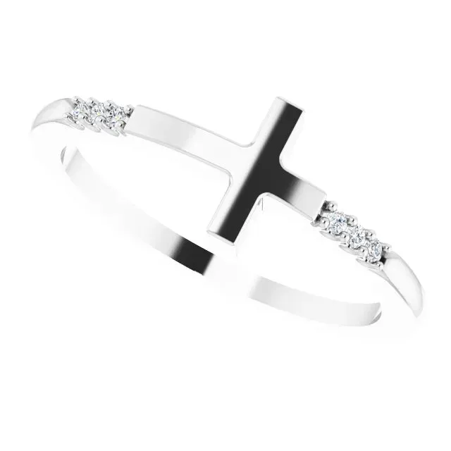 14K White Gold .025 CTW Diamond Stackable Sideways Cross Ring