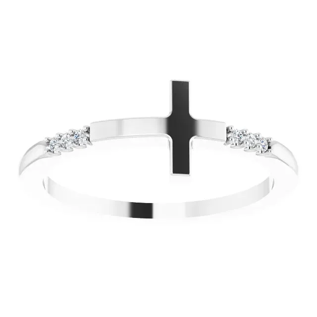 14K White Gold .025 CTW Diamond Stackable Sideways Cross Ring