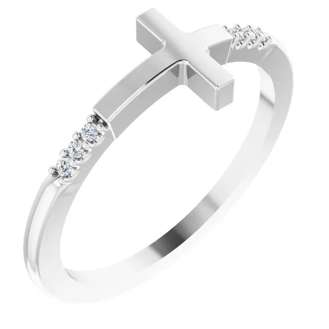 14K White Gold .025 CTW Diamond Stackable Sideways Cross Ring