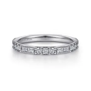 14K White Gold Baguette and Round Diamond Stackable Ring