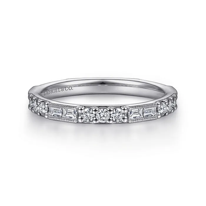 14K White Gold Baguette and Round Diamond Stackable Ring