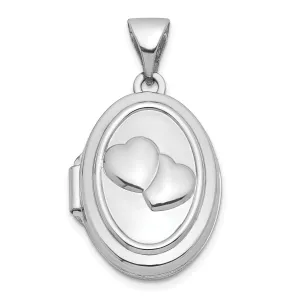 14k White Gold Double Hearts Oval Locket