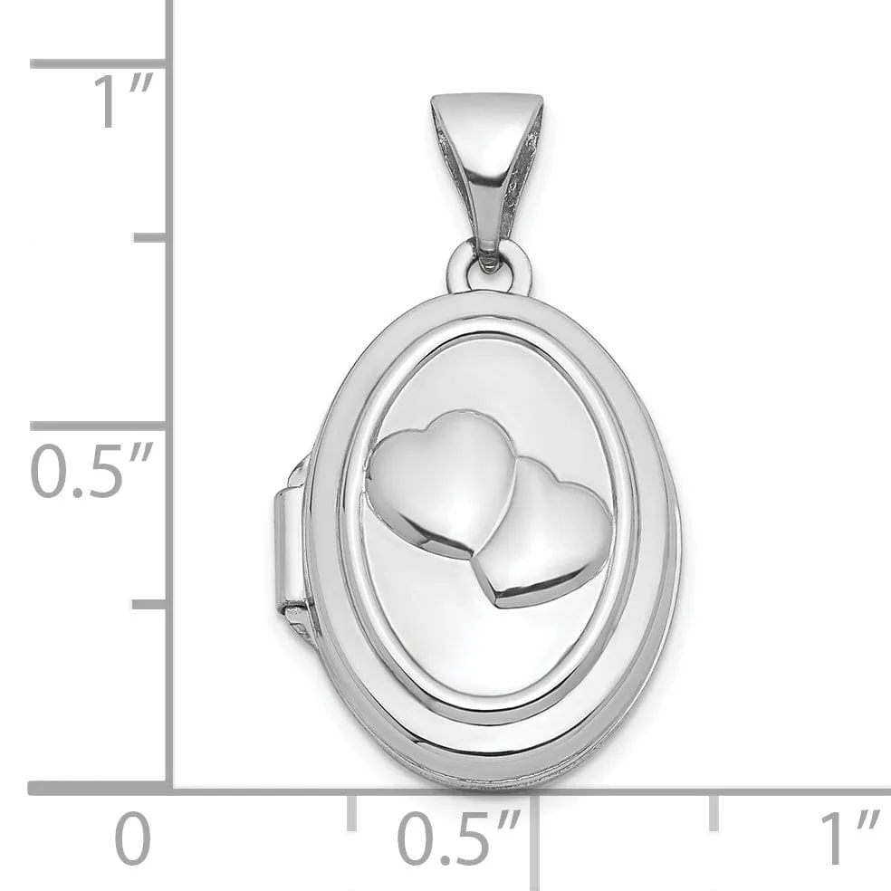 14k White Gold Double Hearts Oval Locket