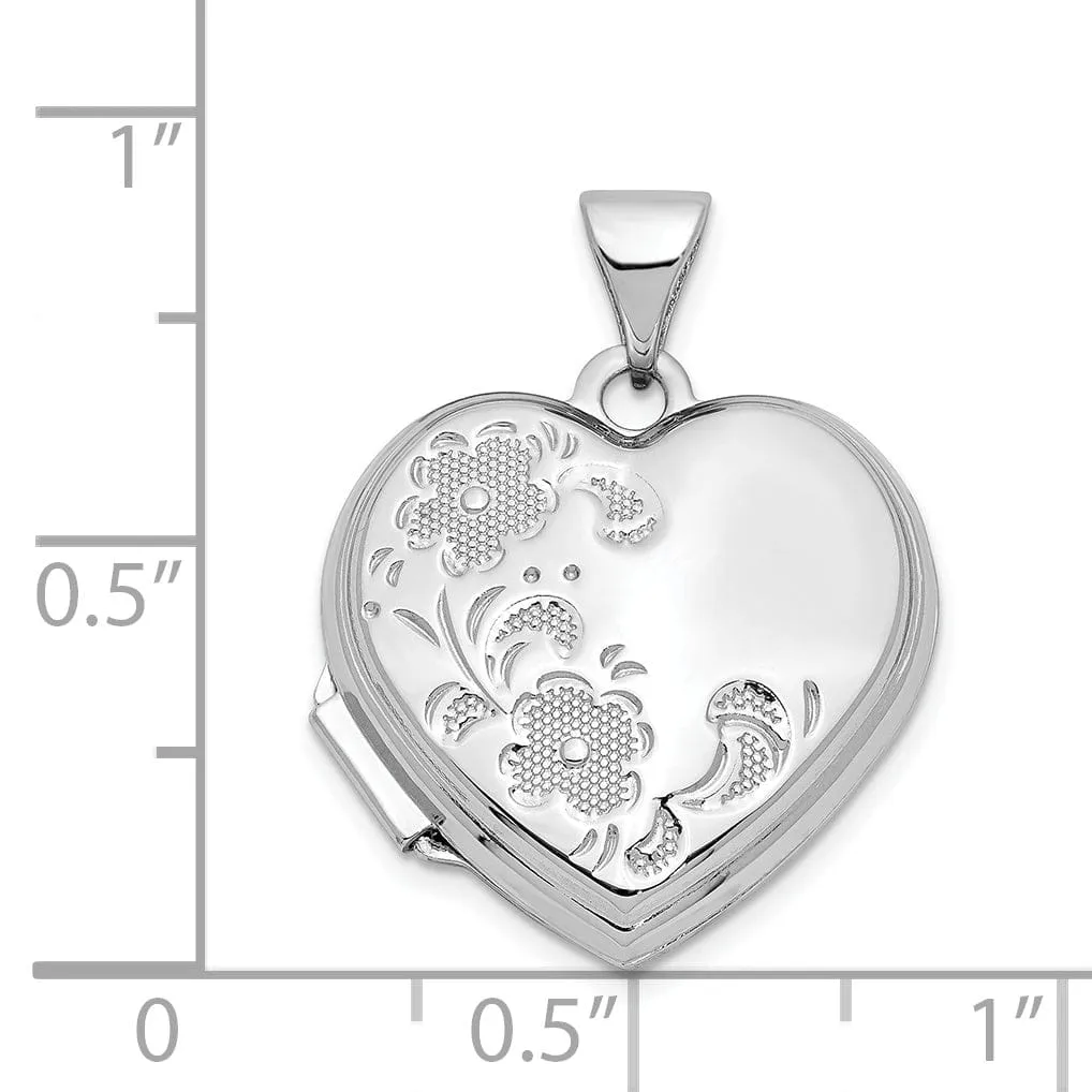 14k White Gold Polished Heart-Shaped Floral Locket