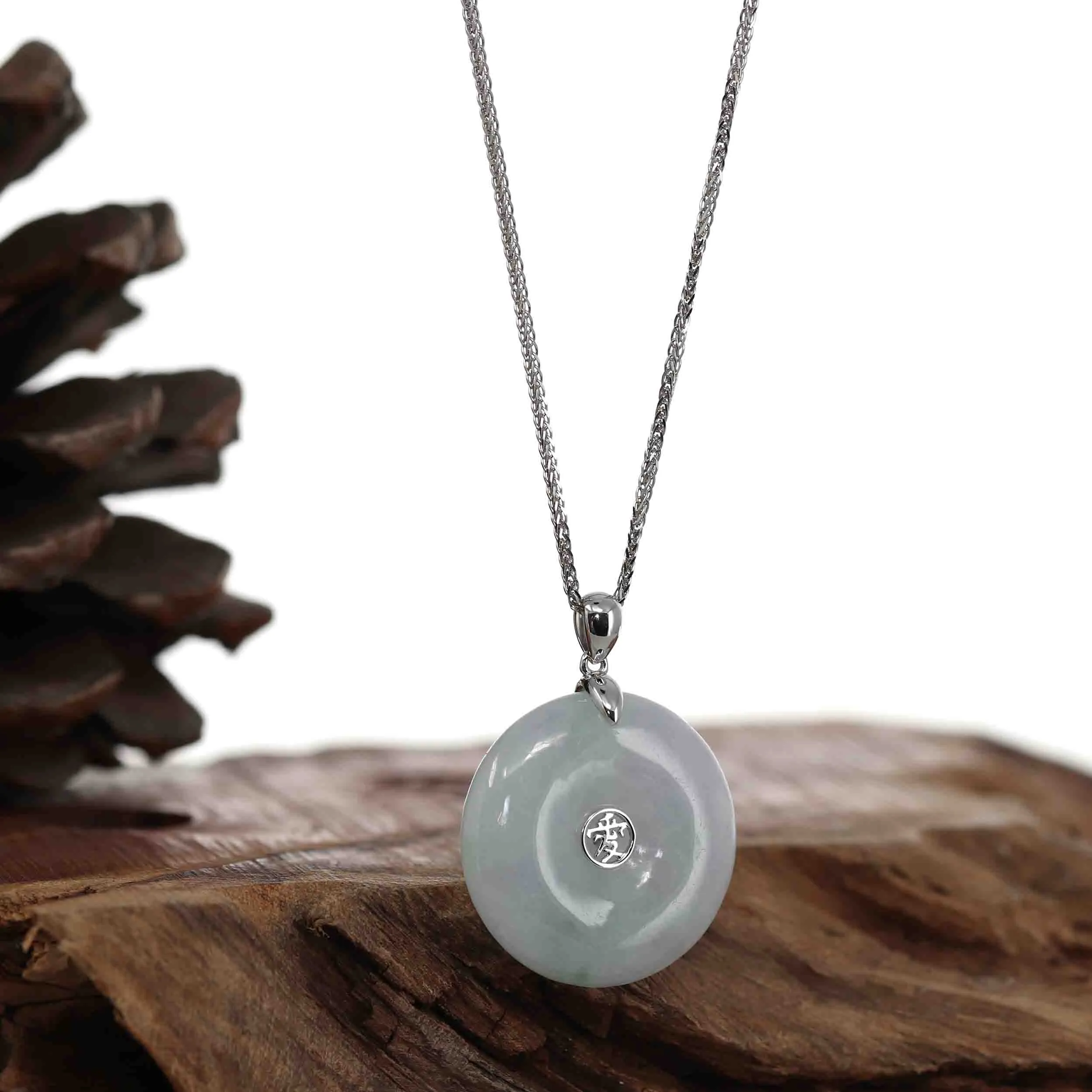 14k White Gold "Ping An Kou" "Love" Light Lavender Green Jadeite Jade Lucky KouKou Pendant Necklace