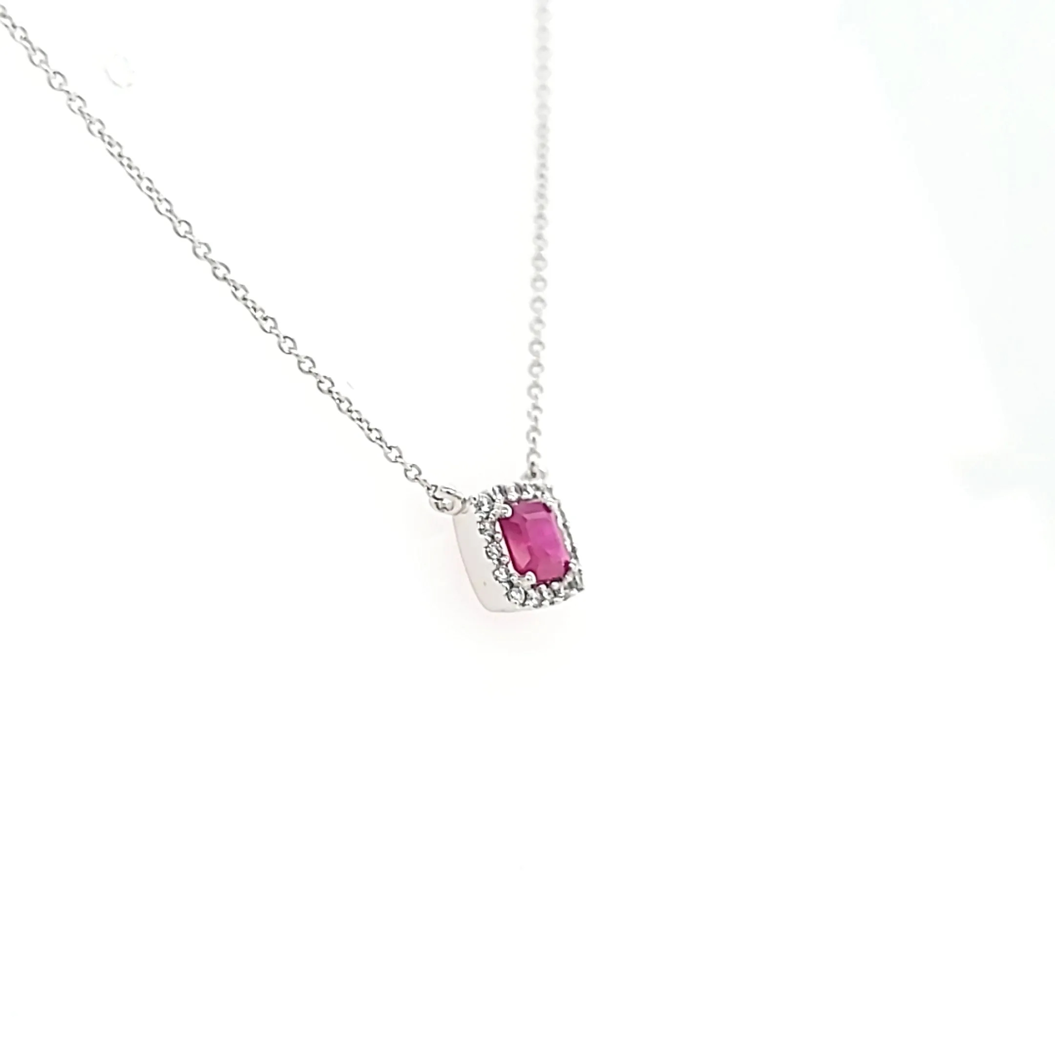 14k White Gold Ruby & Diamond Halo Necklace (I7427)