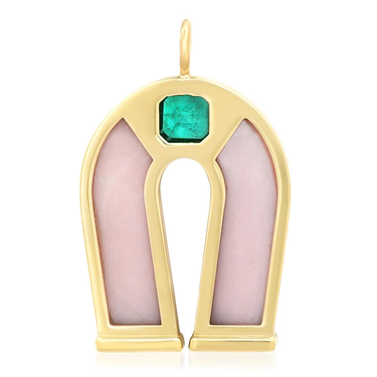 14K Yellow Gold Emerald and Pink Opal Horseshoe Necklace