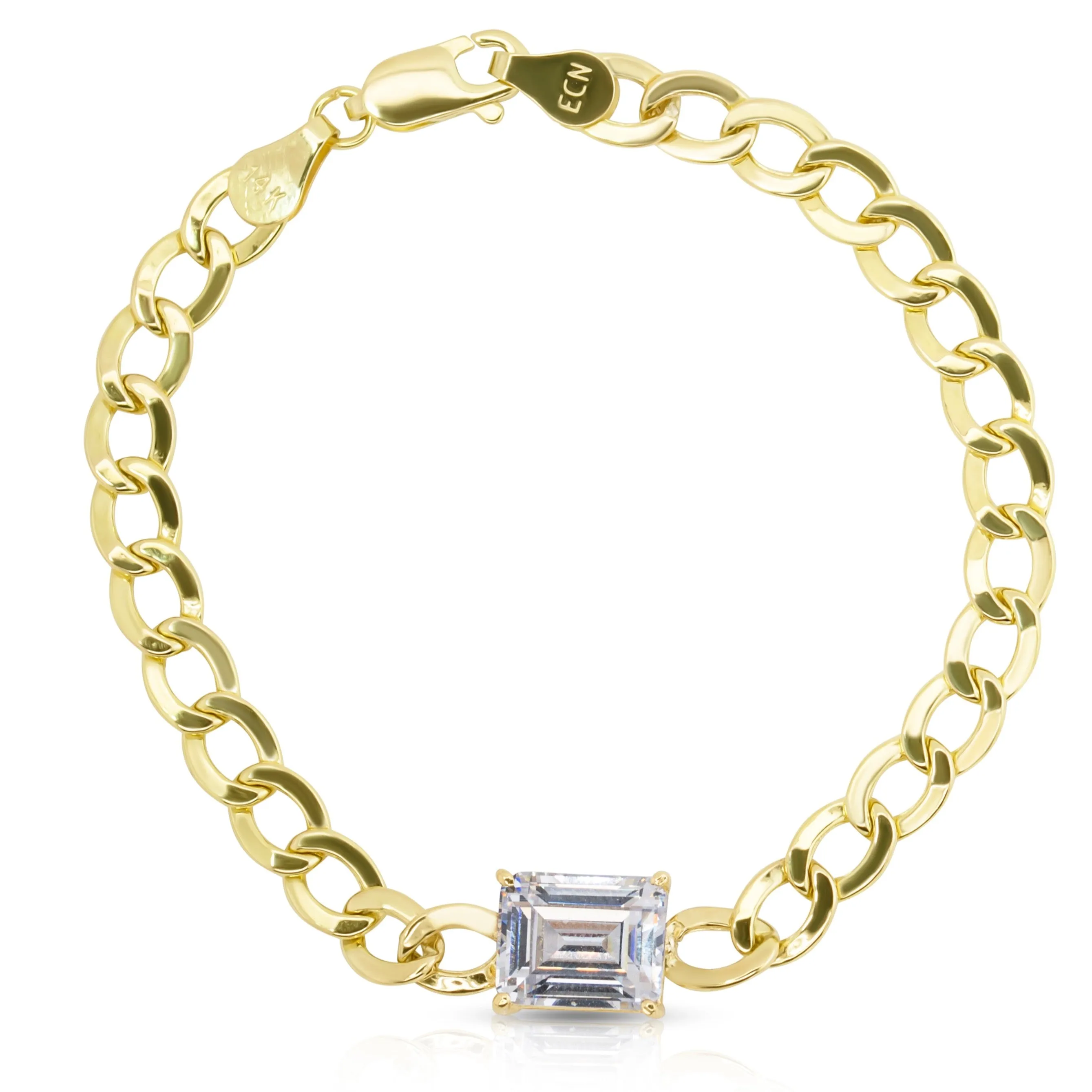 14K Yellow Gold Emerald Cut White Topaz Flat Curb Cuban Chain Bracelet