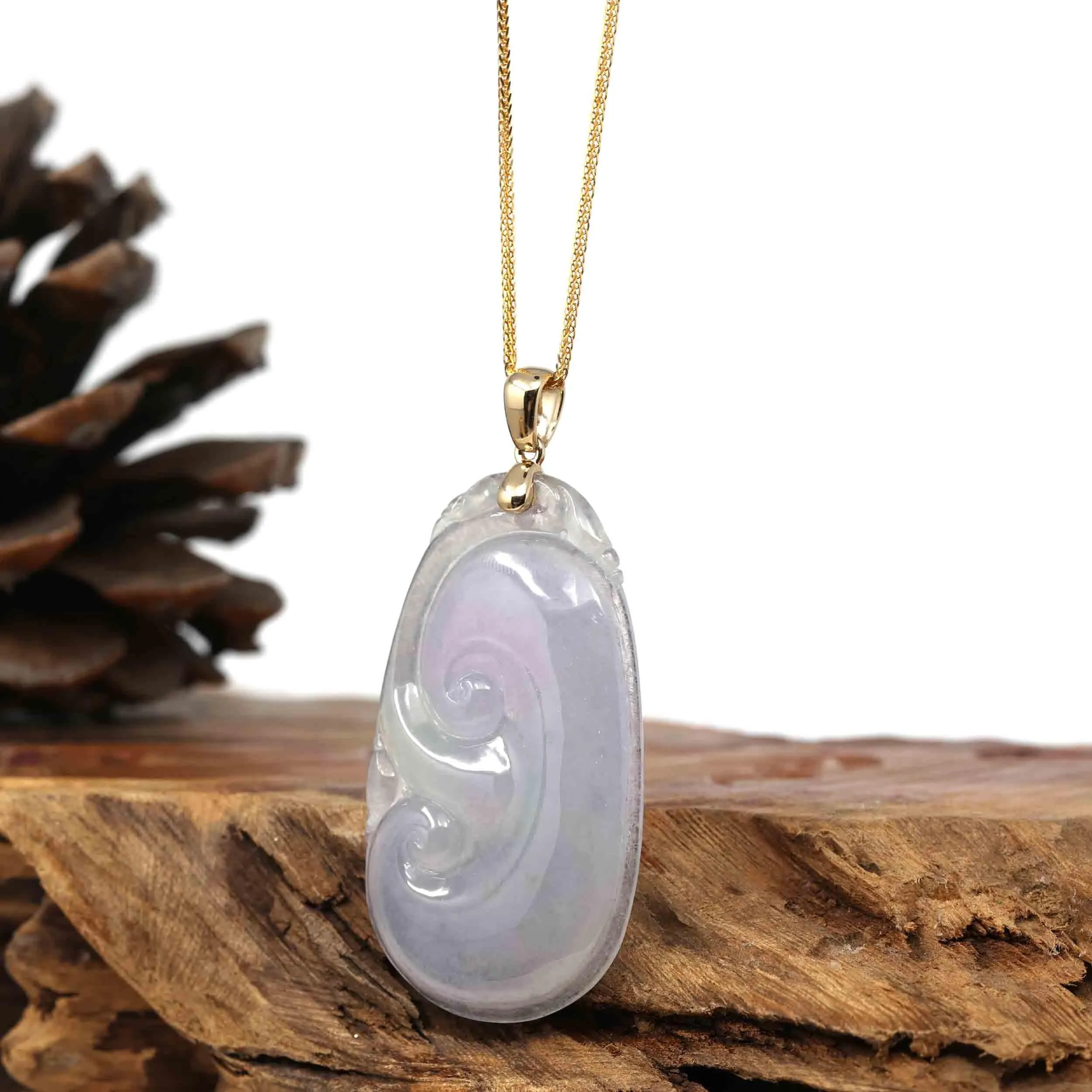 14k Yellow Gold Genuine Burmese Ice Lavender Jadeite Ruyi Pendant Necklace