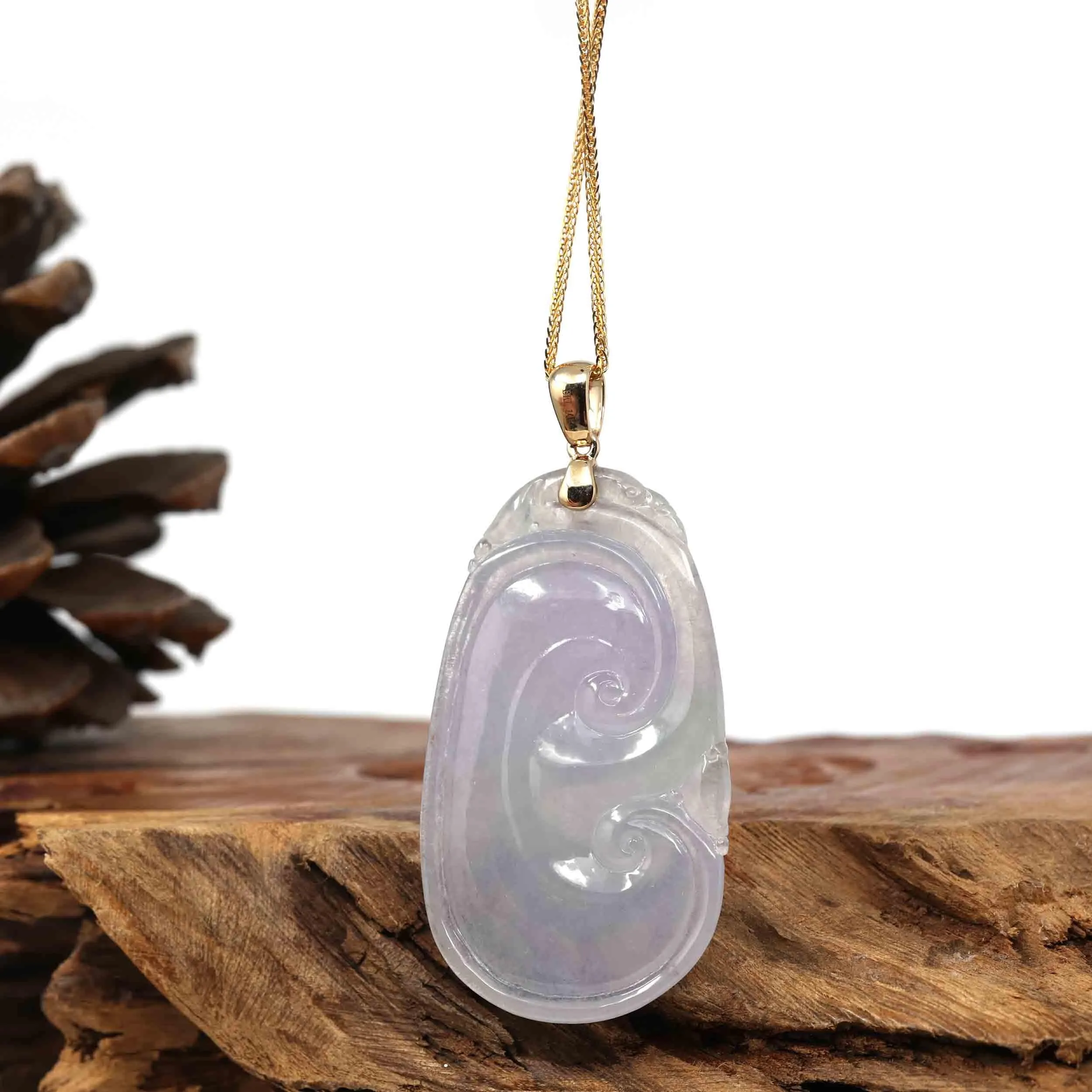 14k Yellow Gold Genuine Burmese Ice Lavender Jadeite Ruyi Pendant Necklace