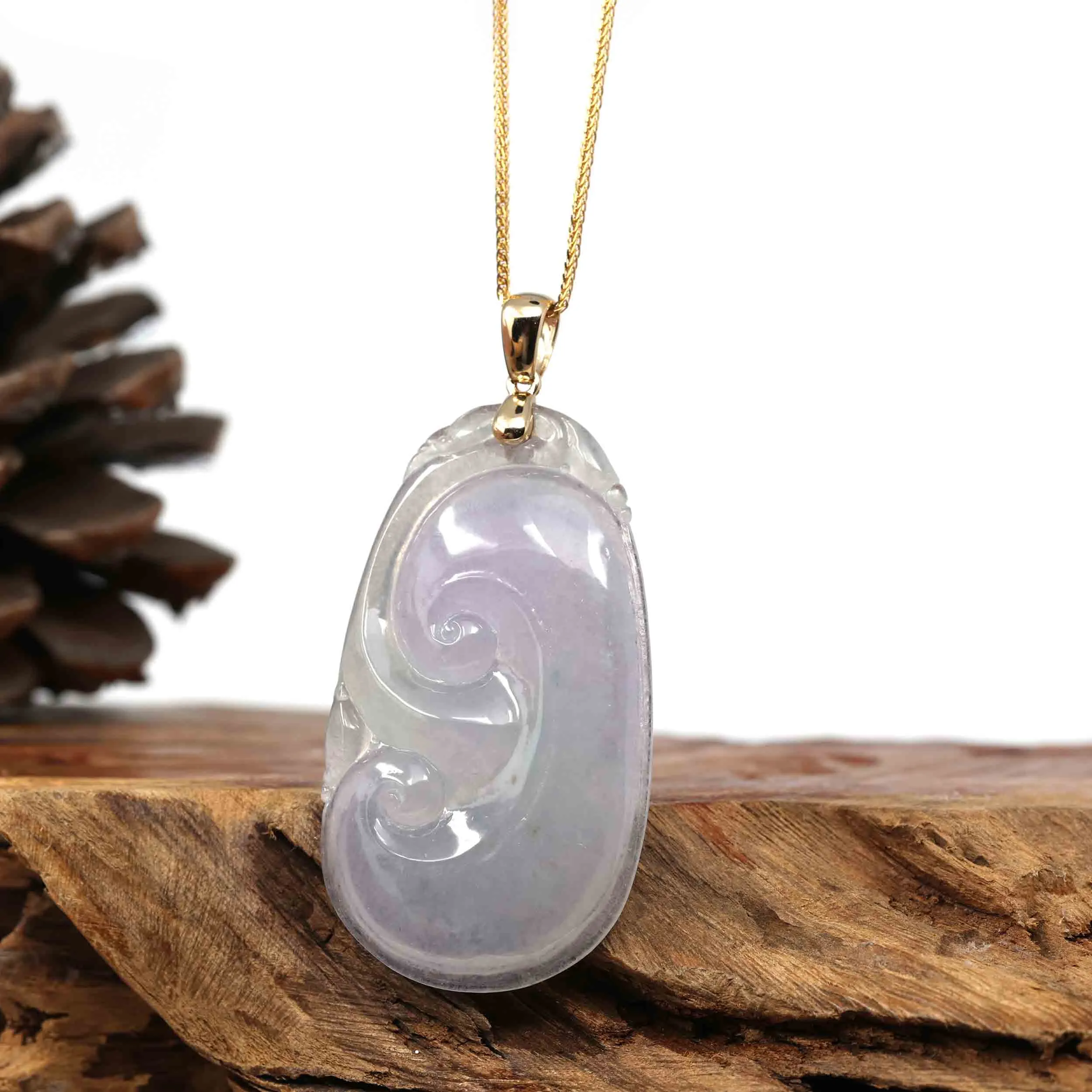 14k Yellow Gold Genuine Burmese Ice Lavender Jadeite Ruyi Pendant Necklace