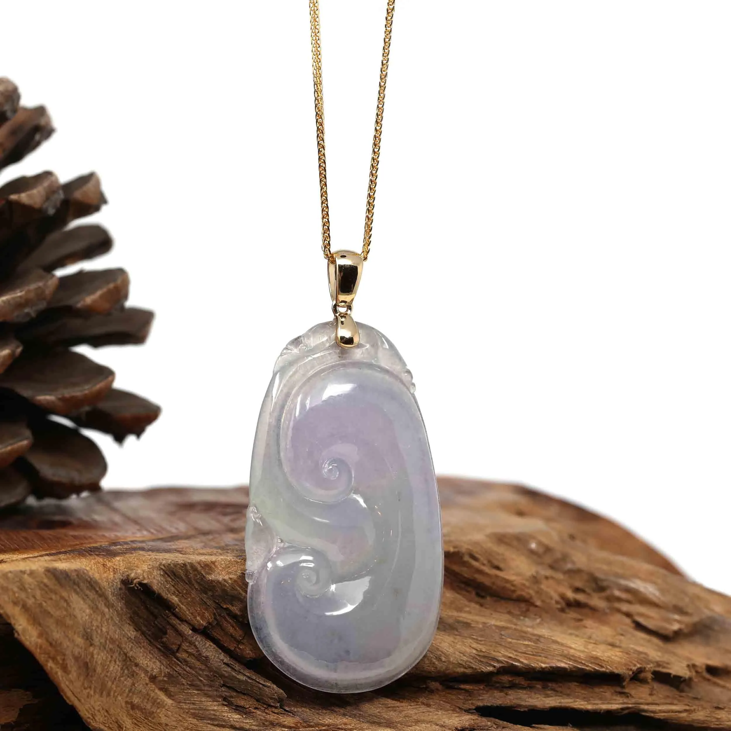 14k Yellow Gold Genuine Burmese Ice Lavender Jadeite Ruyi Pendant Necklace