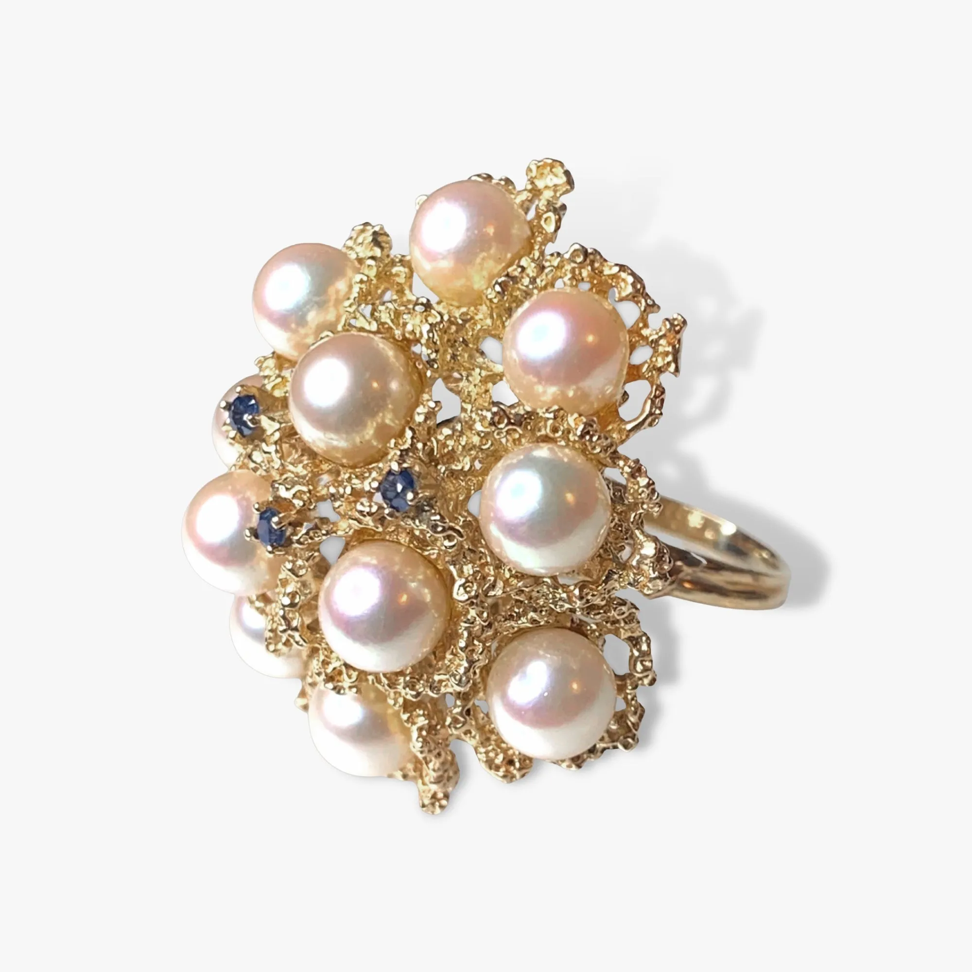 14k Yellow Gold Pearl and Blue Sapphire Cocktail Ring