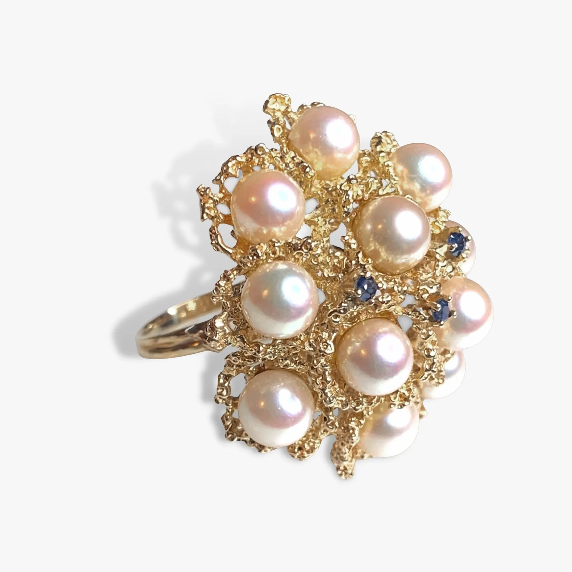 14k Yellow Gold Pearl and Blue Sapphire Cocktail Ring