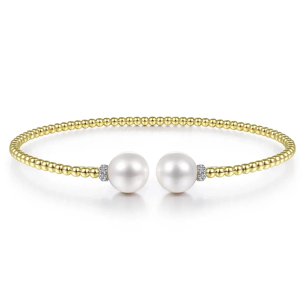 14K Yellow Gold Pearl and Diamond Cuff Bracelet