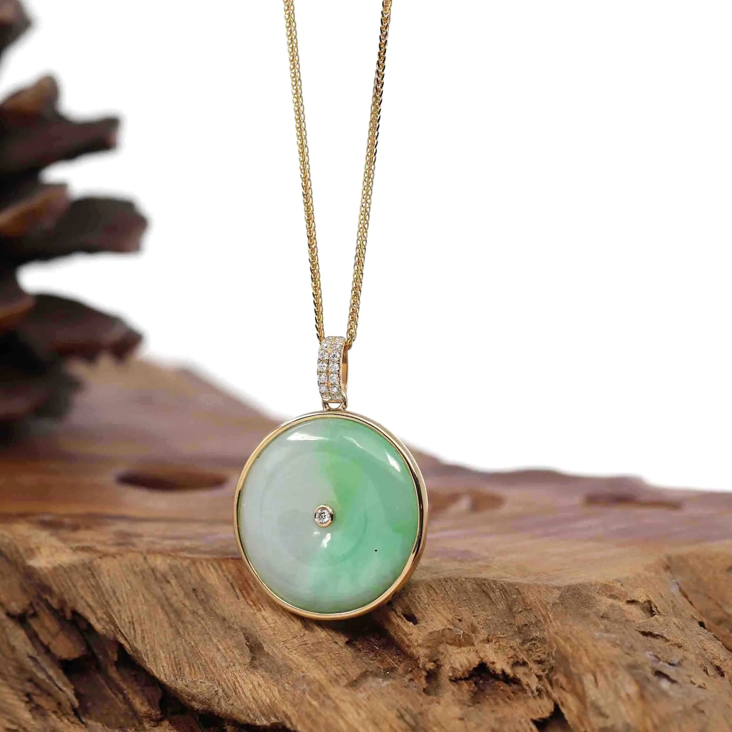 14K Yellow Gold "Good Luck Button" Necklace Ice Green Jadeite Jade Pendant Necklace