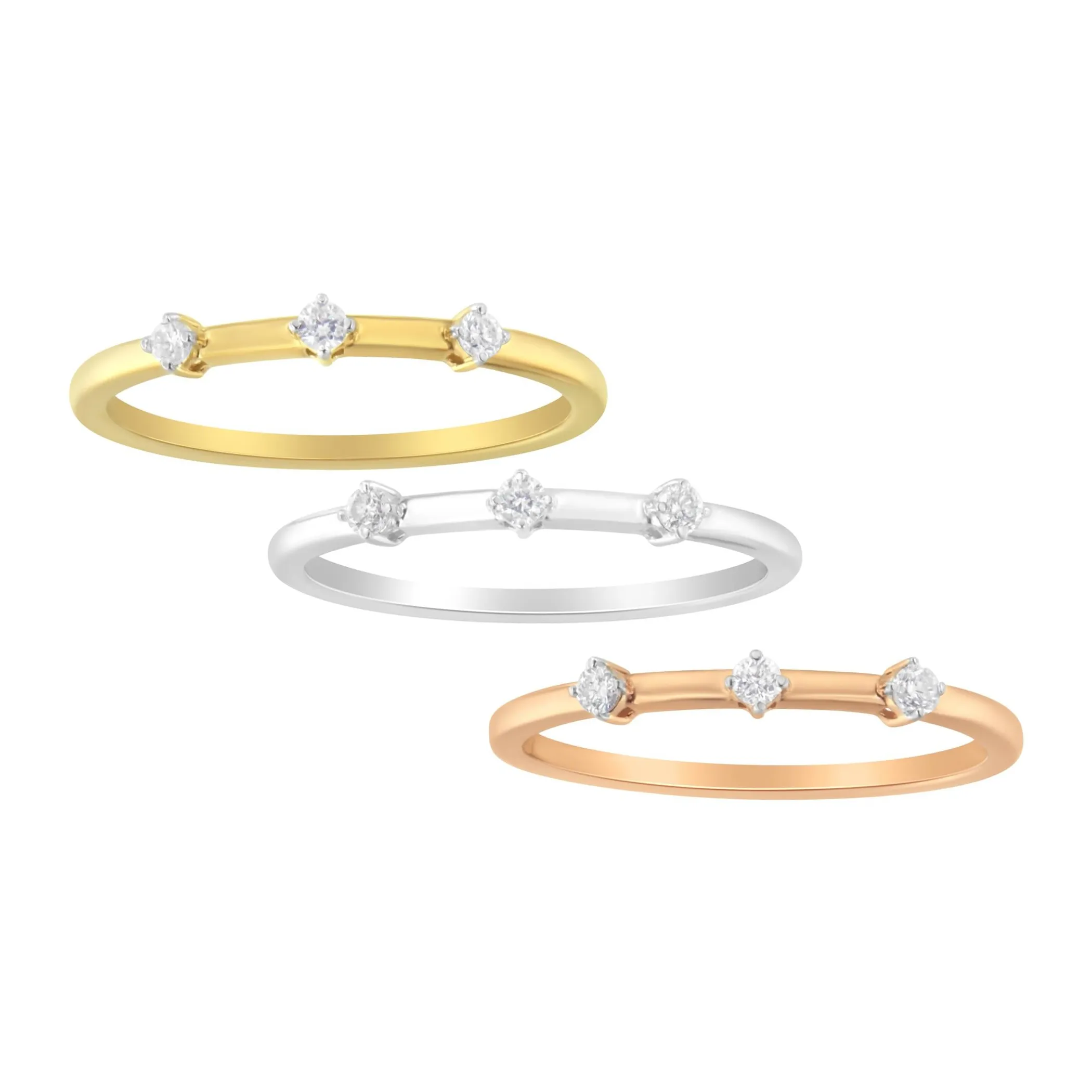 14kt Gold Plated Tri Tone .925 Sterling Silver 1/3 Cttw Prong-Set Round-Cut Diamond Three Piece Stackable Band Ring Set (I-J Color, I1-I2 Clarity)