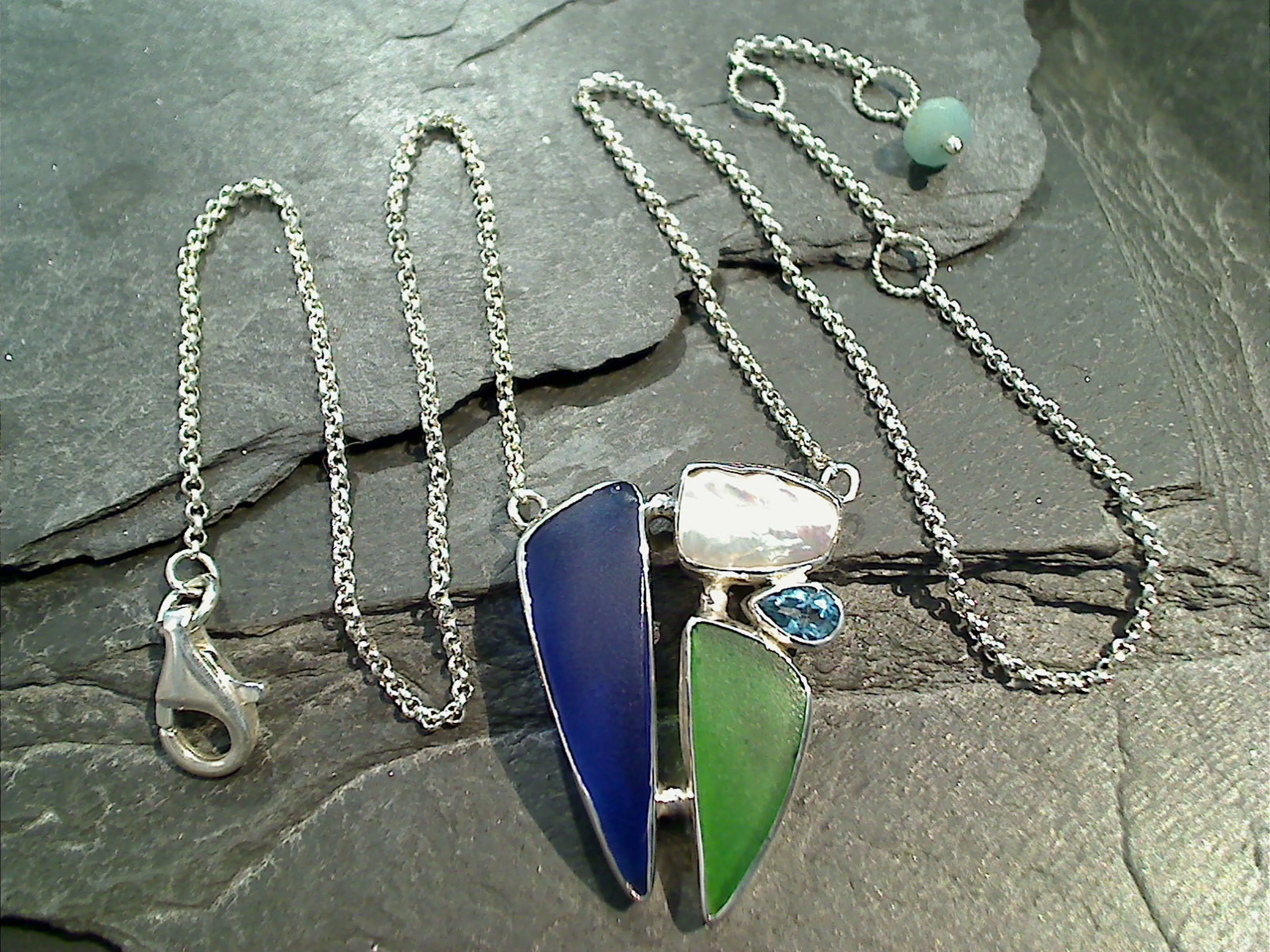 16" - 18" Sea Glass, Blue Topaz, Pearl, Sterling Silver Necklace