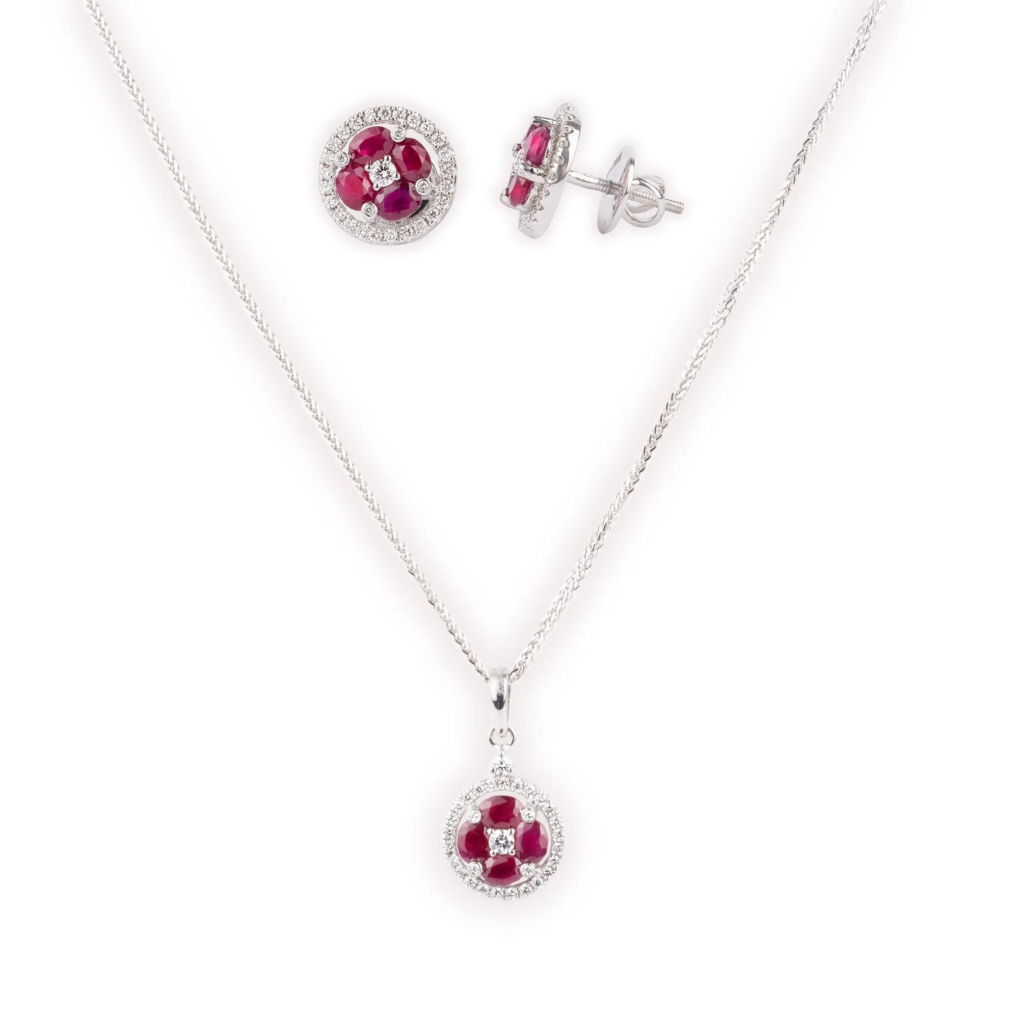 18ct White Gold Diamond & Ruby Chain, Pendant and Earrings Set CH-O0210 MCS4646 MCS4647