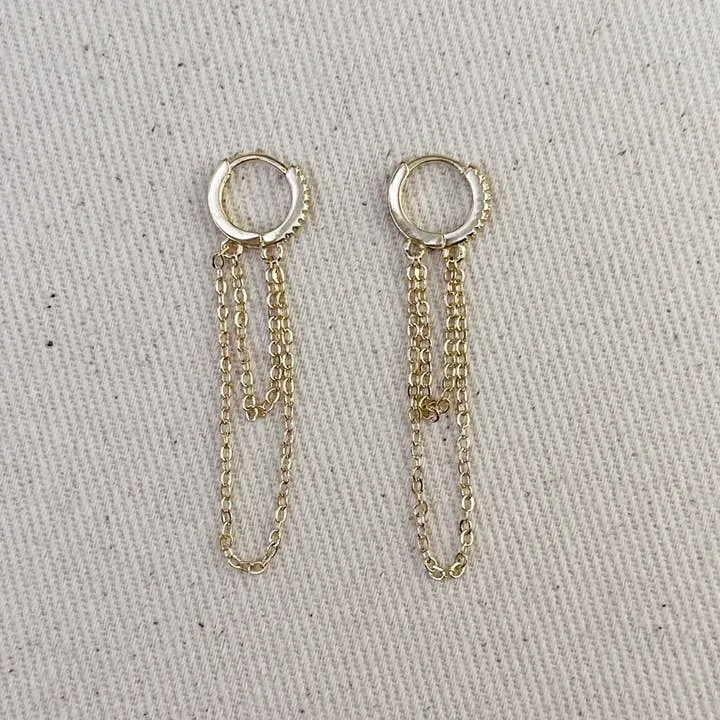 18k Gold Filled Cz Hoop with Dangling Chains Earrings