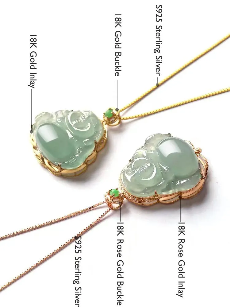 18K Gold Inlay Natural Ice Jadeite Jade Laughing Buddha「Happiness」Pendant Necklace for Men and Women