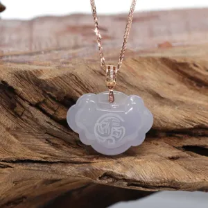 18k Rose Gold Genuine Burmese Lavender Jadeite Happiness ( Fu & Pingan ) Pendant Necklace