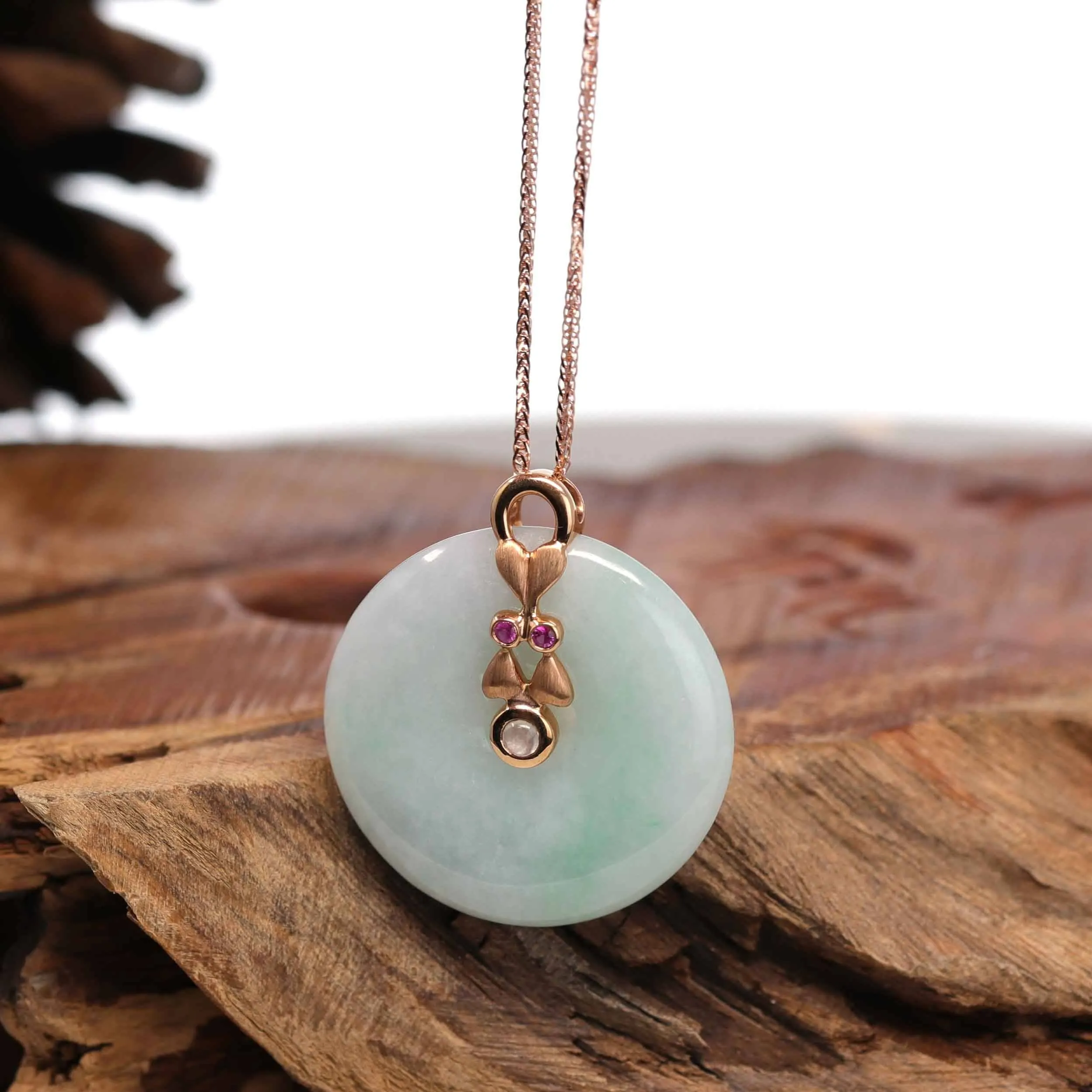 18k Rose Gold Genuine Jadeite Constellation (Gemini) Necklace Pendant with Ruby