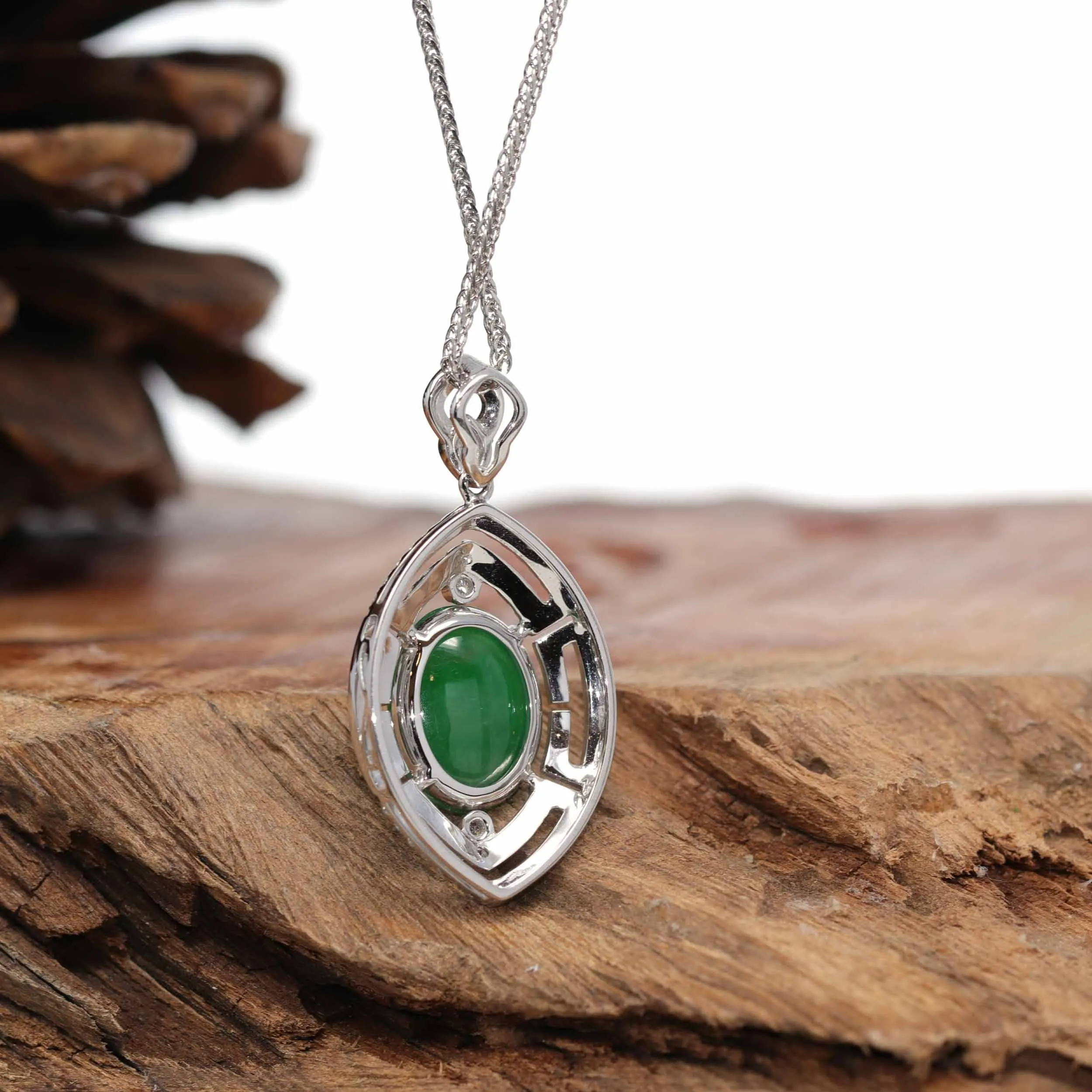 18K White Gold Oval Imperial Jadeite Jade Cabochon Necklace with Diamonds